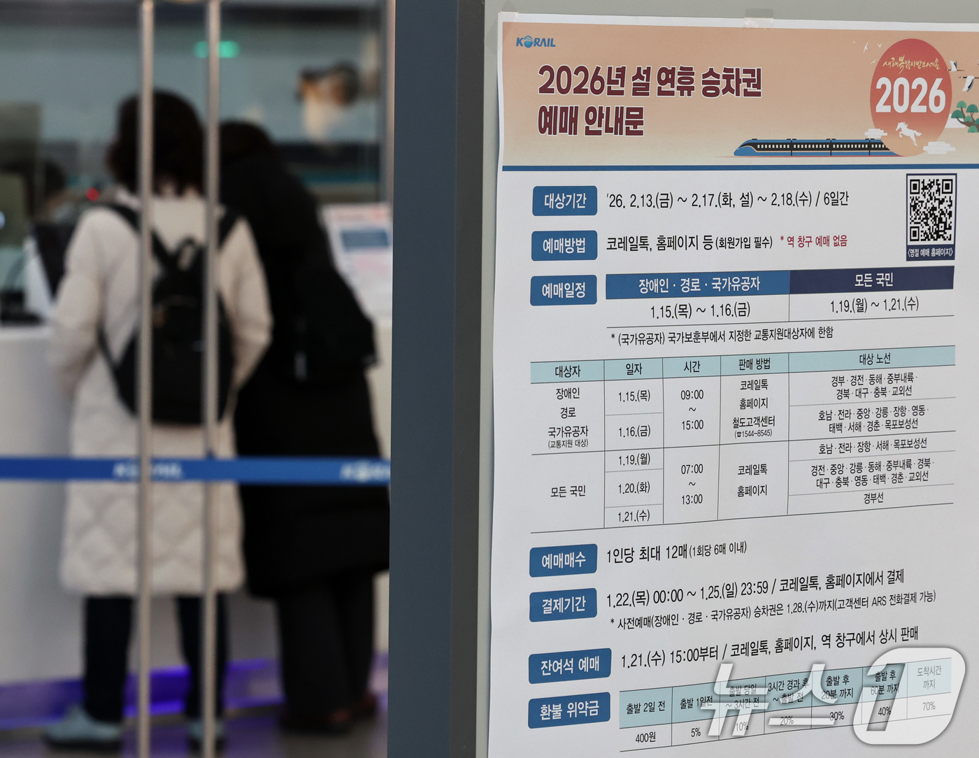 (서울=뉴스1) 구윤성 기자 = 전국민 대상 설 연휴 열차 승차권 일반예매가 시작된 19일 서울역 승차권 판매창구 앞에 관련 안내문이 게시돼 있다. 2026.1.19/뉴스1