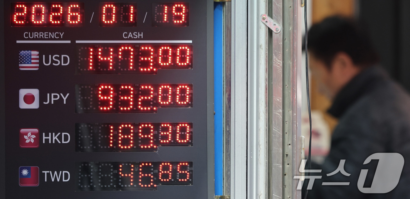(서울=뉴스1) 박지혜 기자 = 원·달러 환율이 다시 올라 1500원 선에 바짝 다가선 19일 서울 명동 환전소 전광판에 환율 시세가 나타나고 있다.네덜란드계 글로벌 금융그룹 IN …