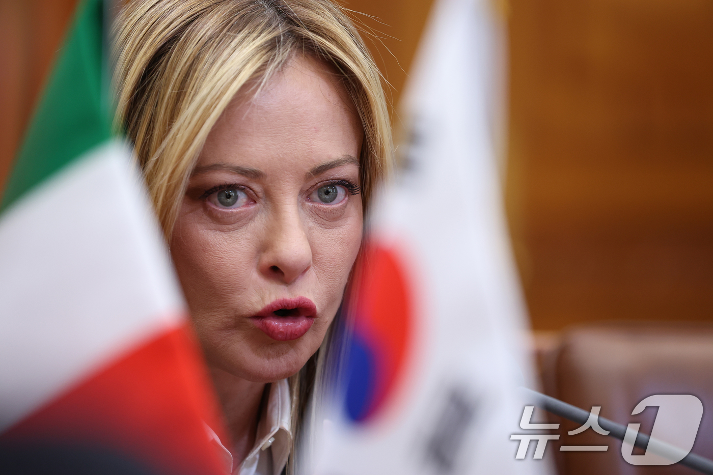 (서울=뉴스1) 이재명 기자 = 조르자 멜로니 이탈리아 총리가 19일 청와대에서 열린 이재명 대통령과의 확대회담에서 발언하고 있다. 2026.1.19/뉴스1