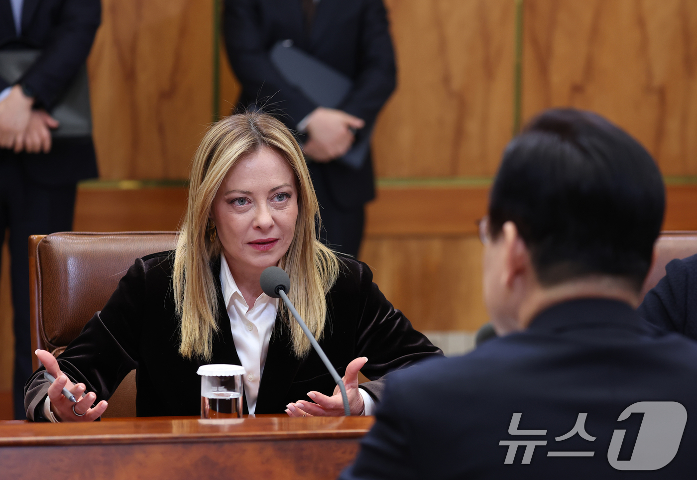 (서울=뉴스1) 이재명 기자 = 조르자 멜로니 이탈리아 총리가 19일 청와대에서 열린 이재명 대통령과의 확대회담에서 발언하고 있다. 2026.1.19/뉴스1