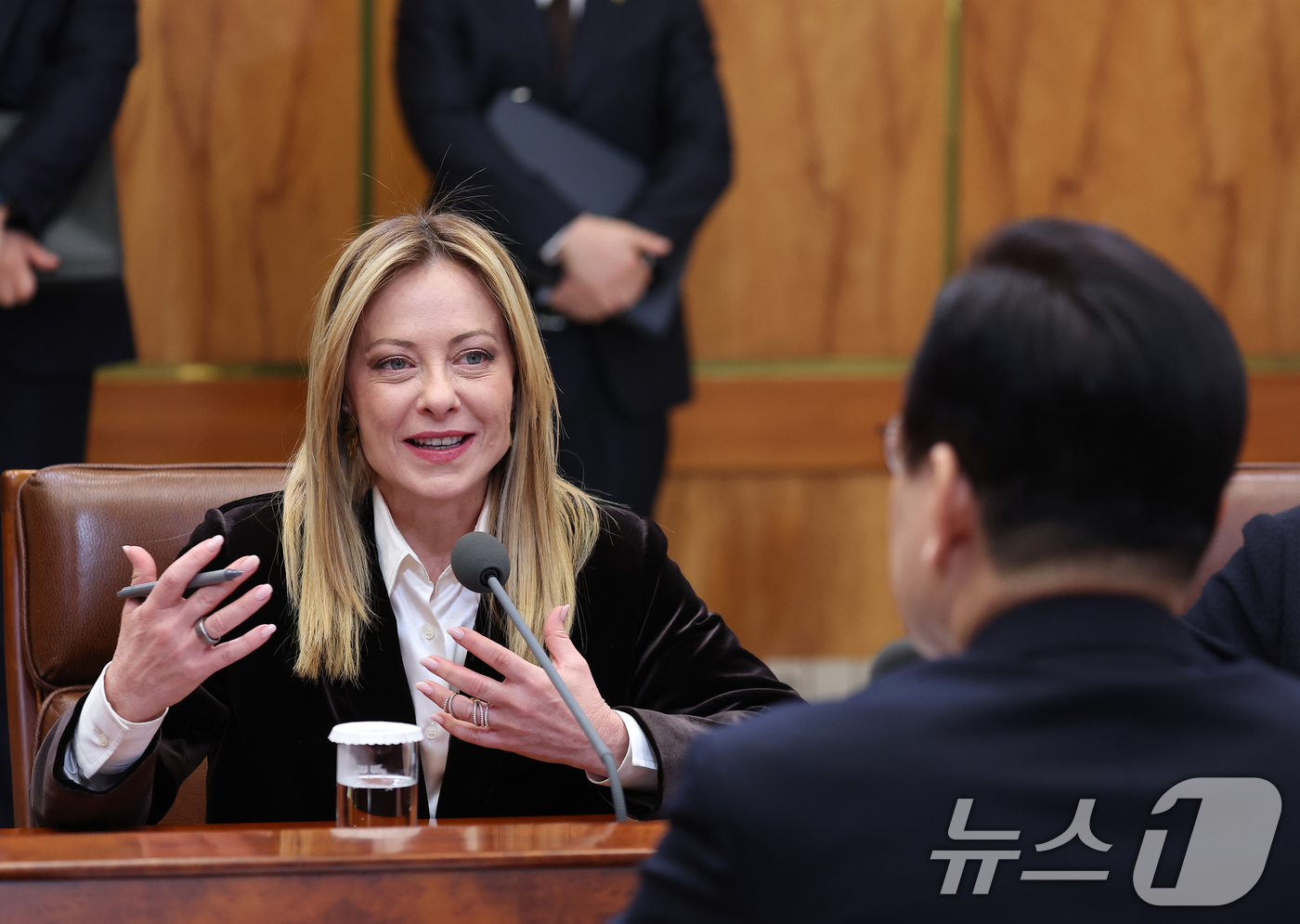 (서울=뉴스1) 이재명 기자 = 조르자 멜로니 이탈리아 총리가 19일 청와대에서 열린 이재명 대통령과의 확대회담에서 발언하고 있다. 2026.1.19/뉴스1