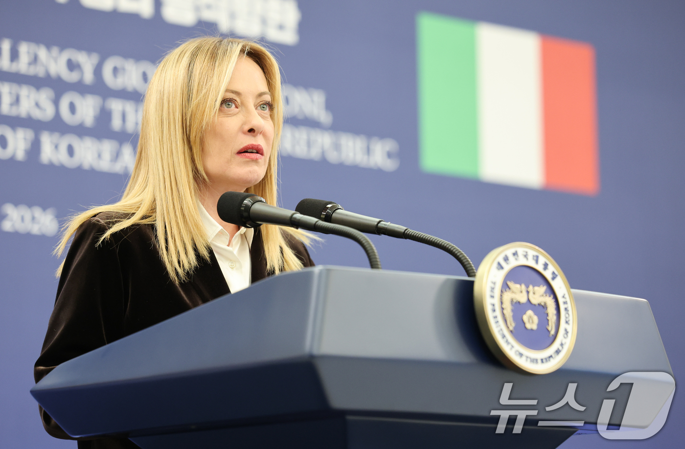 (서울=뉴스1) 이재명 기자 = 조르자 멜로니 이탈리아 총리가 19일 청와대에서 이재명 대통령과 정상회담 후 공동언론발표를 하고 있다. 2026.1.19/뉴스1