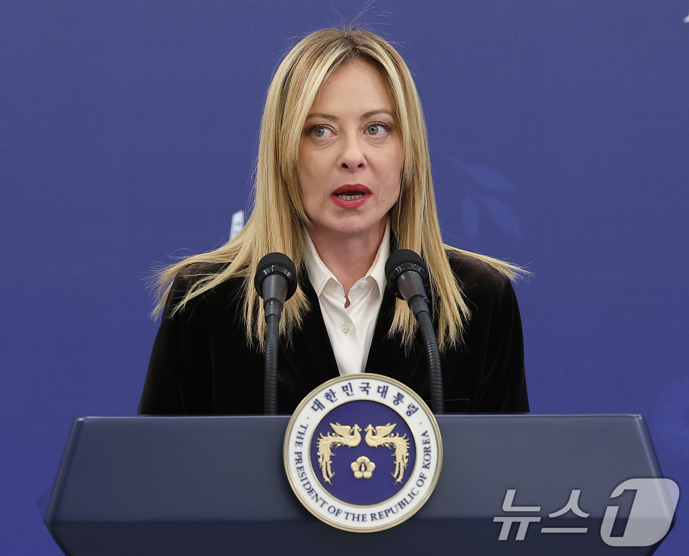 (서울=뉴스1) 이재명 기자 = 조르자 멜로니 이탈리아 총리가 19일 청와대에서 이재명 대통령과 정상회담 후 공동언론발표를 하고 있다. 2026.1.19/뉴스1