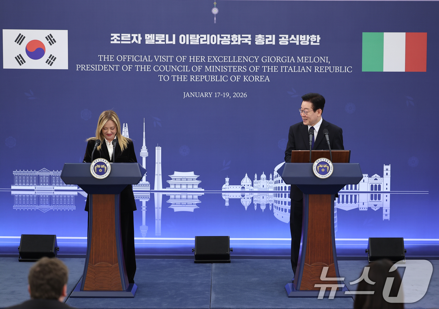 (서울=뉴스1) 이재명 기자 = 이재명 대통령과 조르자 멜로니 이탈리아 총리가 19일 청와대에서 정상회담 후 공동언론발표를 하고 있다. 2026.1.19/뉴스1