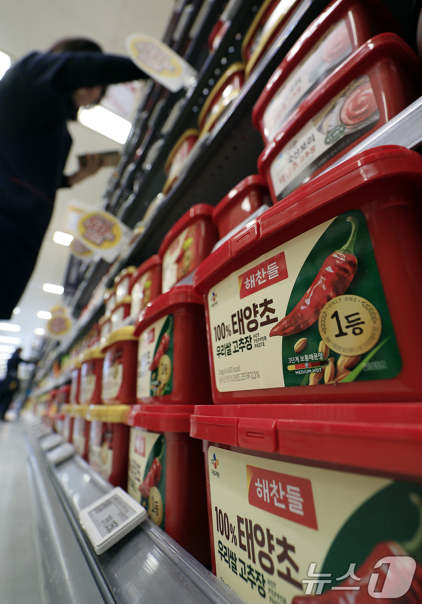 (서울=뉴스1) 박정호 기자 = 19일 서울 시내의 한 대형마트에서 직원이 진열된 고추장 재고를 확인하고 있다.한국소비자단체협의회 물가감시센터는 이날 2025년 4분기 생활필수품 …