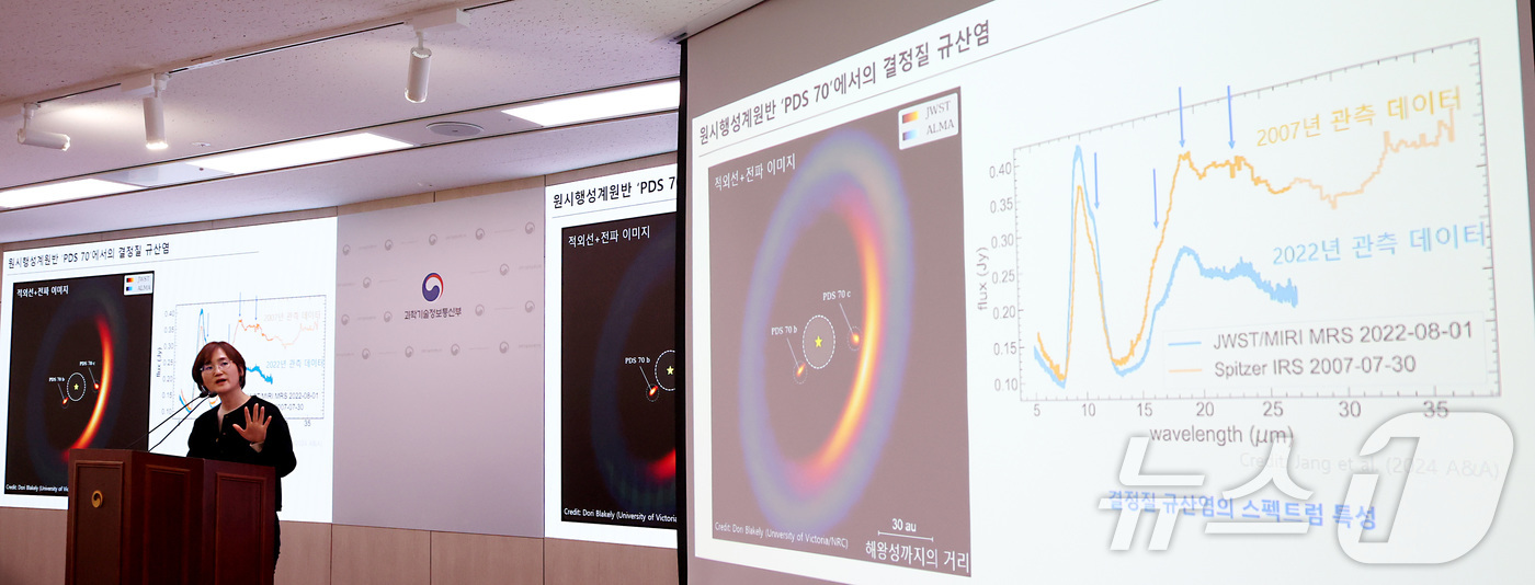 (세종=뉴스1) 김기남 기자 = 이정은 서울대 물리천문학과 교수가 지난 19일 세종시 정부세종청사 과학기술정보통신부에서 \'제임스 웹 우주망원경, 혜성 속 규산염 결정 미스터리 해 …