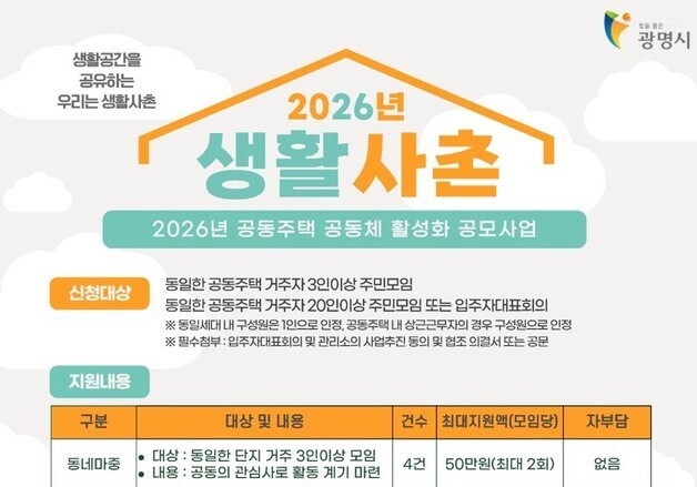 광명시, 생활권 중심 공동체 문화 확산 '생활사촌' 참여자 모집