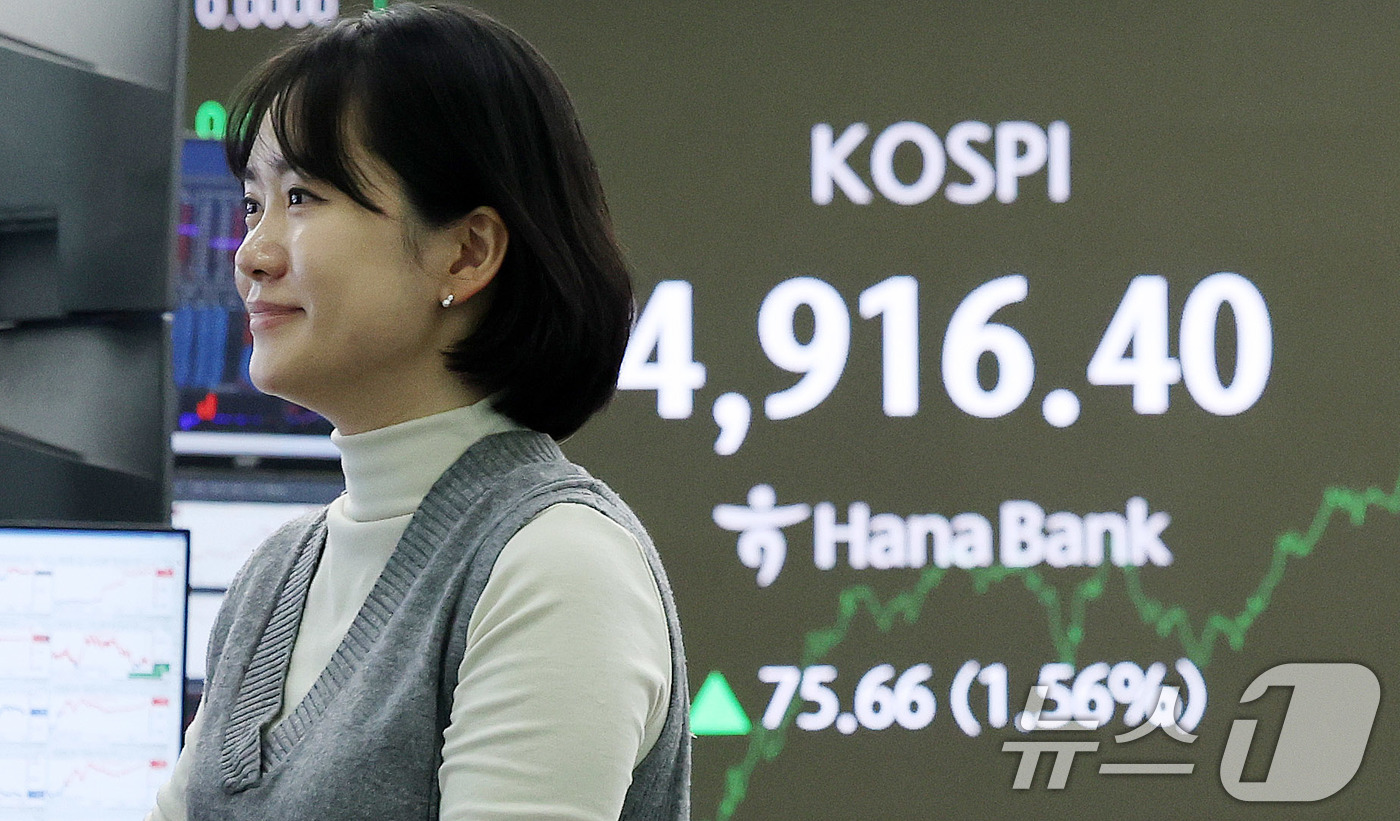 (서울=뉴스1) 박지혜 기자 = 코스피가 장중 사상 첫 4900선을 돌파한 19일 서울 중구 하나은행 본점 딜링룸 전광판에 코스피 지수가 나타나고 있다. 2026.1.19/뉴스1