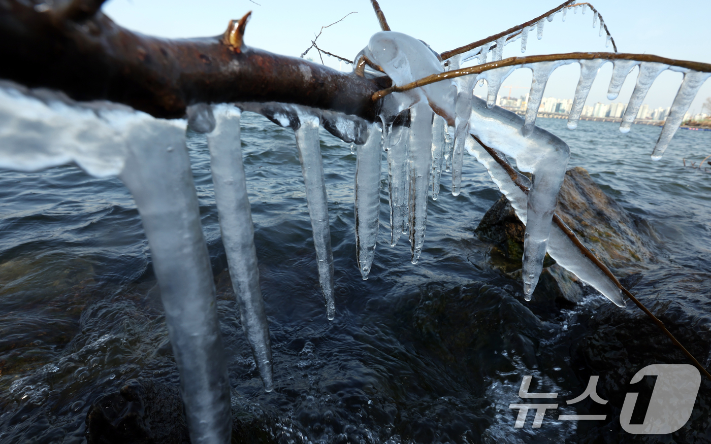 (서울=뉴스1) 김명섭 기자 = 영하권의 낮 기온을 보인 19일 서울시 영등포구 한강변에 고드름이 열려 있다 한편 기상청은 대한인 20일 서울 기온이 영하 13도까지 곤두박질해 올 …
