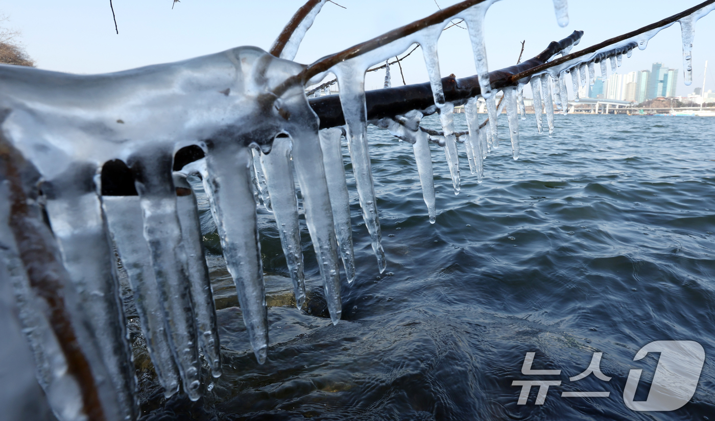 (서울=뉴스1) 김명섭 기자 = 영하권의 낮 기온을 보인 19일 서울시 영등포구 한강변에 고드름이 열려 있다 한편 기상청은 대한인 20일 서울 기온이 영하 13도까지 곤두박질해 올 …