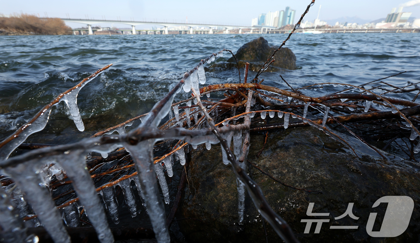 (서울=뉴스1) 김명섭 기자 = 영하권의 낮 기온을 보인 19일 서울시 영등포구 한강변에 고드름이 열려 있다 한편 기상청은 대한인 20일 서울 기온이 영하 13도까지 곤두박질해 올 …