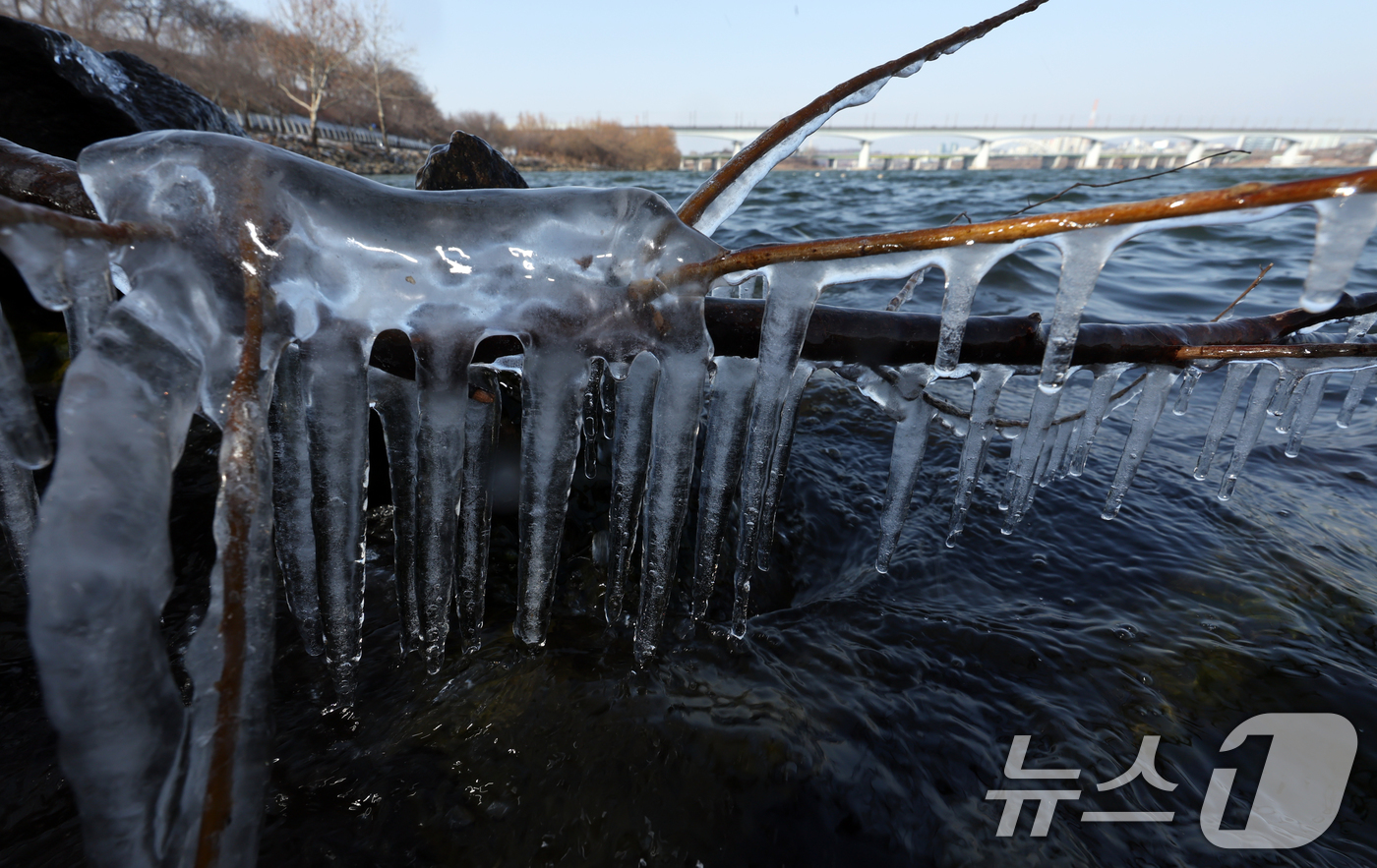 (서울=뉴스1) 김명섭 기자 = 영하권의 낮 기온을 보인 19일 서울시 영등포구 한강변에 고드름이 열려 있다 한편 기상청은 대한인 20일 서울 기온이 영하 13도까지 곤두박질해 올 …