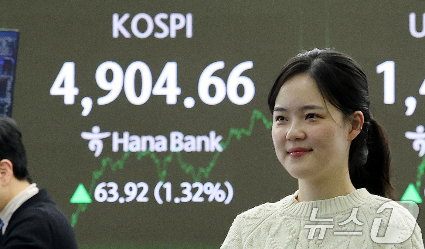 (서울=뉴스1) 박지혜 기자 = 코스피가 장중 사상 첫 4900선을 돌파한 19일 서울 중구 하나은행 본점 딜링룸 전광판에 종가 현황이 나타나고 있다.이날 코스피는 전장보다 63. …