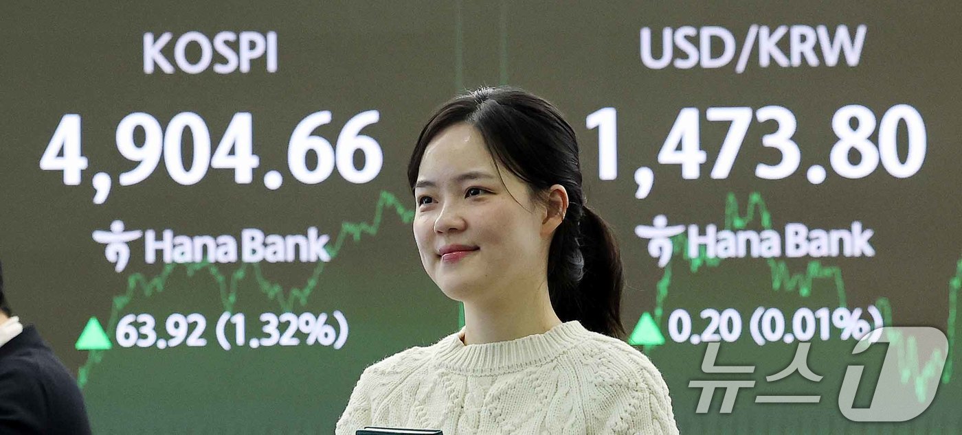 (서울=뉴스1) 박지혜 기자 = 코스피가 장중 사상 첫 4900선을 돌파한 19일 서울 중구 하나은행 본점 딜링룸 전광판에 종가 현황이 나타나고 있다.이날 코스피는 전장보다 63. …