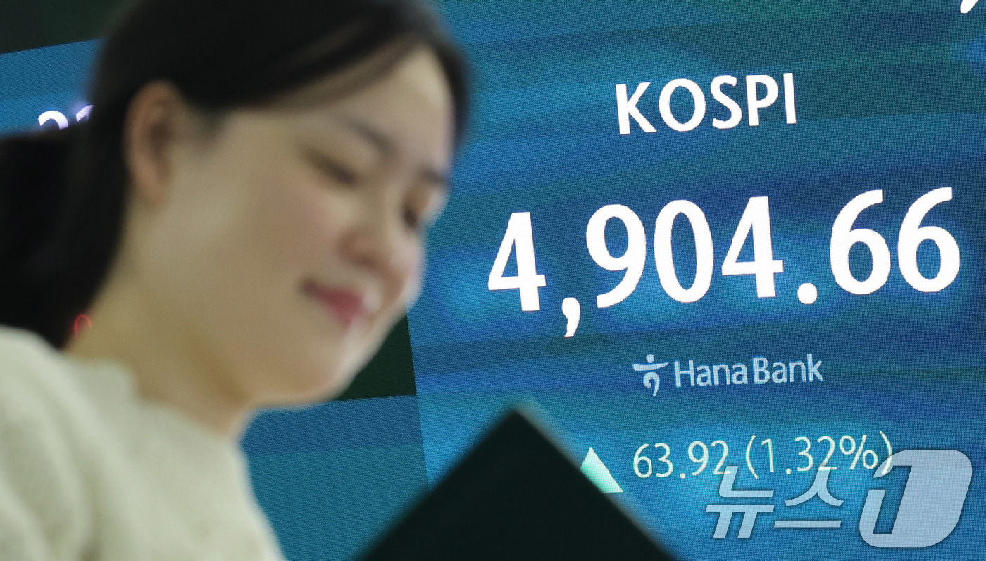 (서울=뉴스1) 박지혜 기자 = 코스피가 사상 첫 4900선을 돌파한 19일 서울 중구 하나은행 본점 딜링룸 전광판에 종가 현황이 나타나고 있다.이날 코스피는 전장보다 63.92포 …