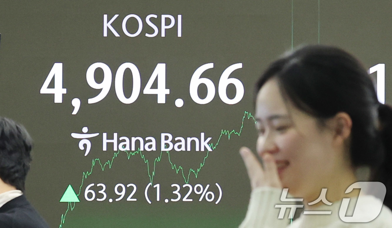 (서울=뉴스1) 박지혜 기자 = 코스피가 사상 첫 4900선을 돌파한 19일 서울 중구 하나은행 본점 딜링룸 전광판에 종가 현황이 나타나고 있다.이날 코스피는 전장보다 63.92포 …