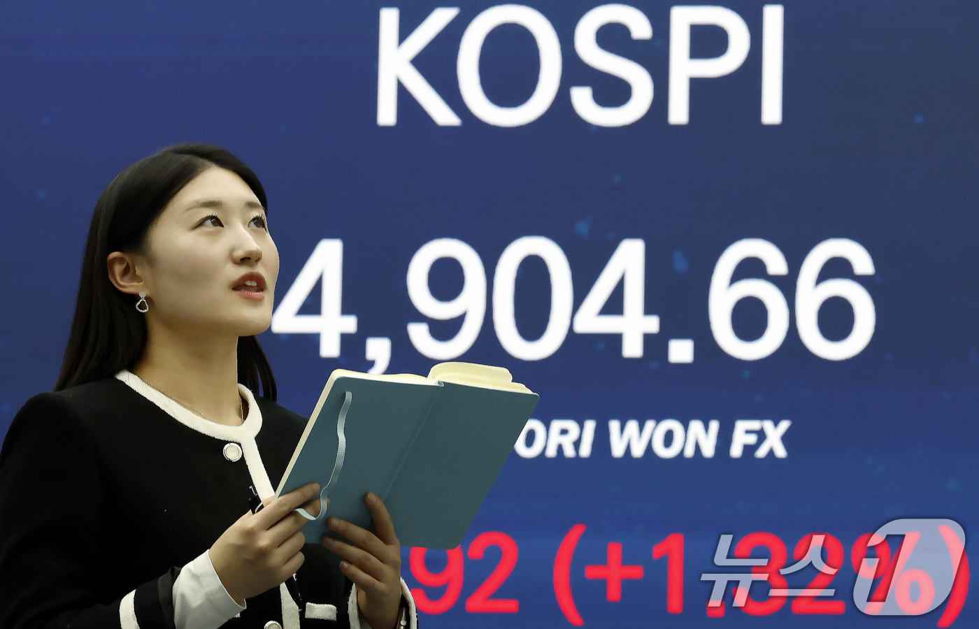 (서울=뉴스1) 박정호 기자 = 19일 오후 서울 중구 우리은행 본점 딜링룸 전광판에 종가가 표시되고 있다.이날 코스피는 전 거래일 대비 63.92포인트(1.32%) 오른 4904 …