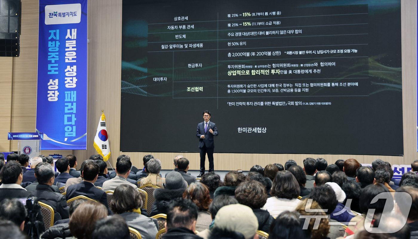 (전주=뉴스1) 전북사진기자단 = 김민석 국무총리가 19일 전북 전주시 전북대학교 JBNU컨벤션센터에서 열린 'K-국정설명회'에서 특별강연을 펼치고 있다. 2026.1.19/뉴스1 …