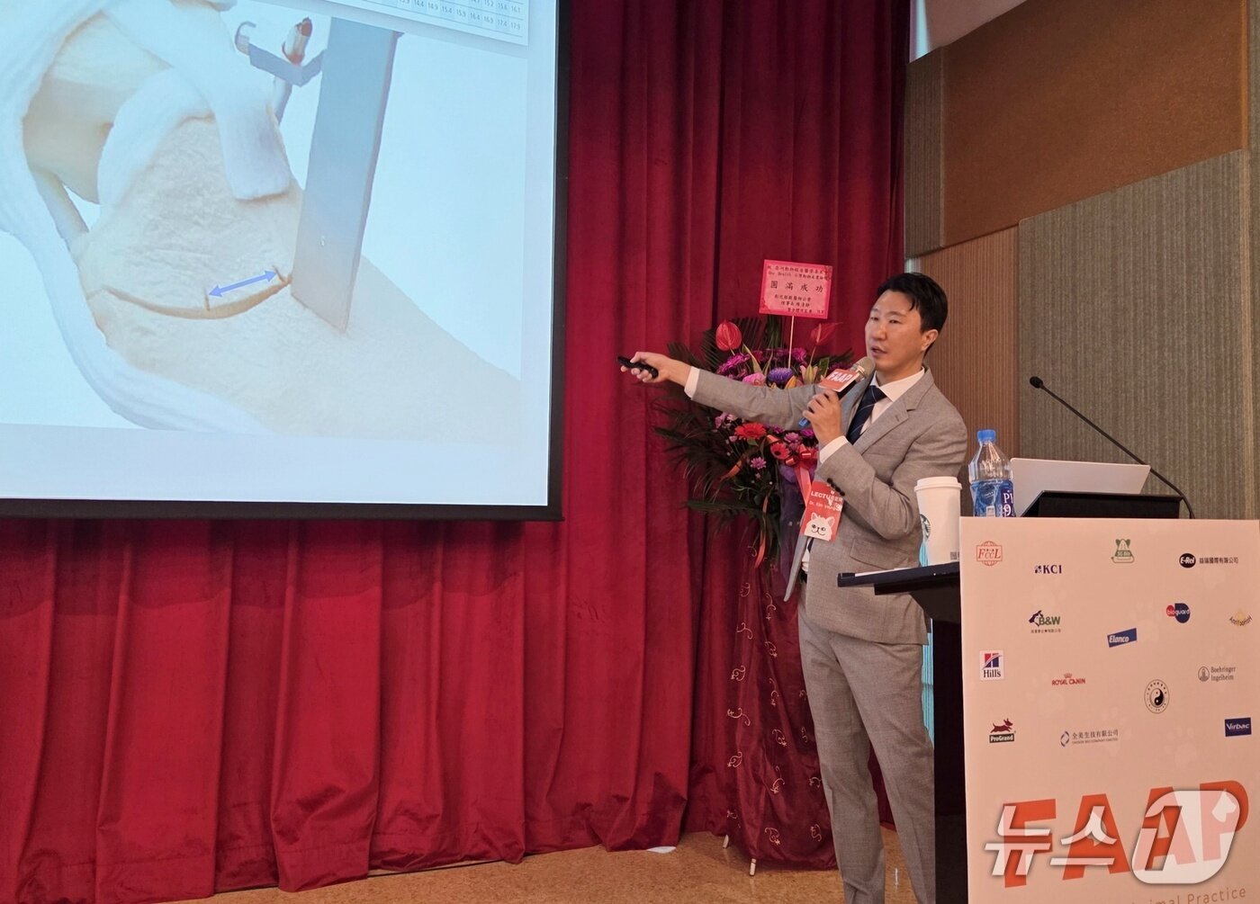 본문 이미지 - 2026 아시아동물임상의학포럼(FAAP)이 17일 대만 타이중에서 열렸다. 김영기 수의사가 관절 치료 강의를 하고 있다. ⓒ 뉴스1