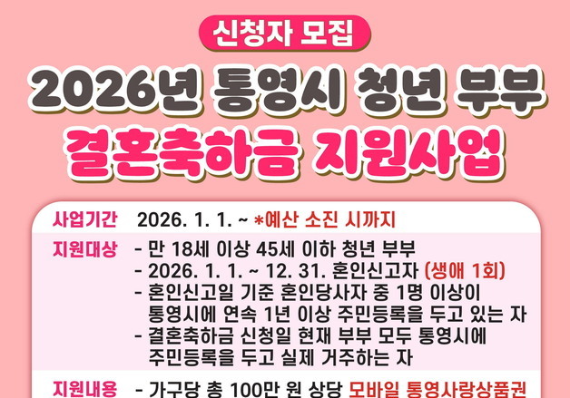 통영시, 올해 결혼한 청년 부부에 100만원 지급