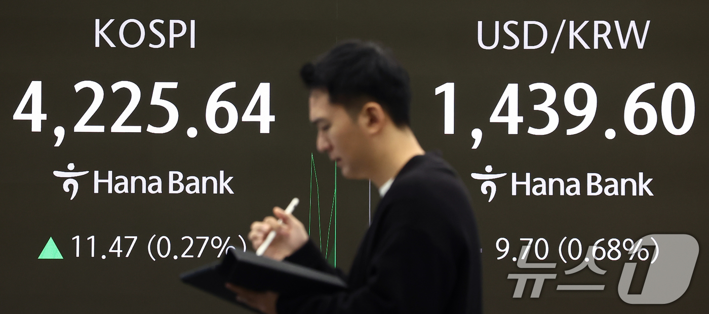 (서울=뉴스1) 김민지 기자 = 코스피가 새해 첫 거래일에 4230선을 돌파하며 장중 사상 최고치를 경신한 2일 오전 서울 중구 하나은행 딜링룸 전광판에 코스피 지수가 나오고 있다 …