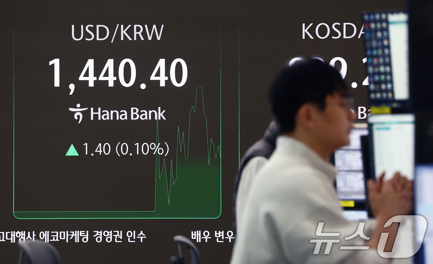 (서울=뉴스1) 김민지 기자 = 새해 첫 거래일인  2일 오전 서울 중구 하나은행 딜링룸 전광판에 환율이 나오고 있다.이날 원·달러 환율은 전 거래일 주간거래 종가(1447원)보다 …
