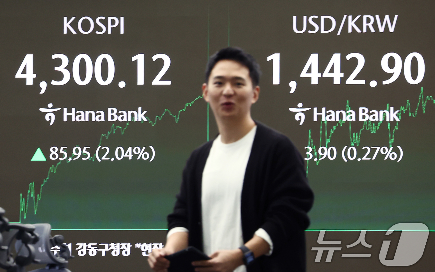 (서울=뉴스1) 김민지 기자 = 코스피가 새해 첫날 장중 4300선을 돌파하며 최고치를 경신한 2일 오후 서울 중구 하나은행 딜링룸 전광판에 코스피 지수가 나오고 있다. 2026. …