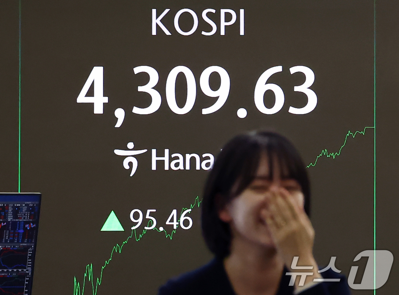 (서울=뉴스1) 김민지 기자 = 코스피가 새해 첫날 장중 4300선을 돌파하며 최고치를 경신한 2일 오후 서울 중구 하나은행 딜링룸 전광판에 종가가 나오고 있다.이날 코스피는 95 …