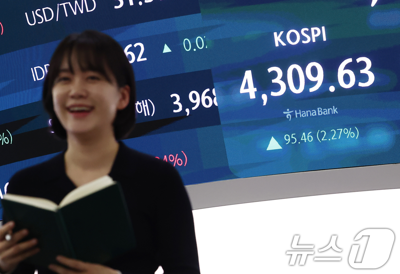 (서울=뉴스1) 김민지 기자 = 코스피가 새해 첫날 장중 4300선을 돌파하며 최고치를 경신한 2일 오후 서울 중구 하나은행 딜링룸 전광판에 종가가 나오고 있다.이날 코스피는 95 …