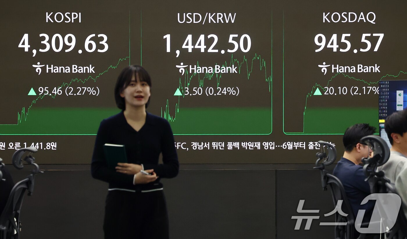본문 이미지 - 코스피가 새해 첫날 장중 4300선을 돌파하며 최고치를 경신한 2일 오후 서울 중구 하나은행 딜링룸 전광판에 종가가 나오고 있다. 2026.1.2/뉴스1 ⓒ News1 김민지 기자