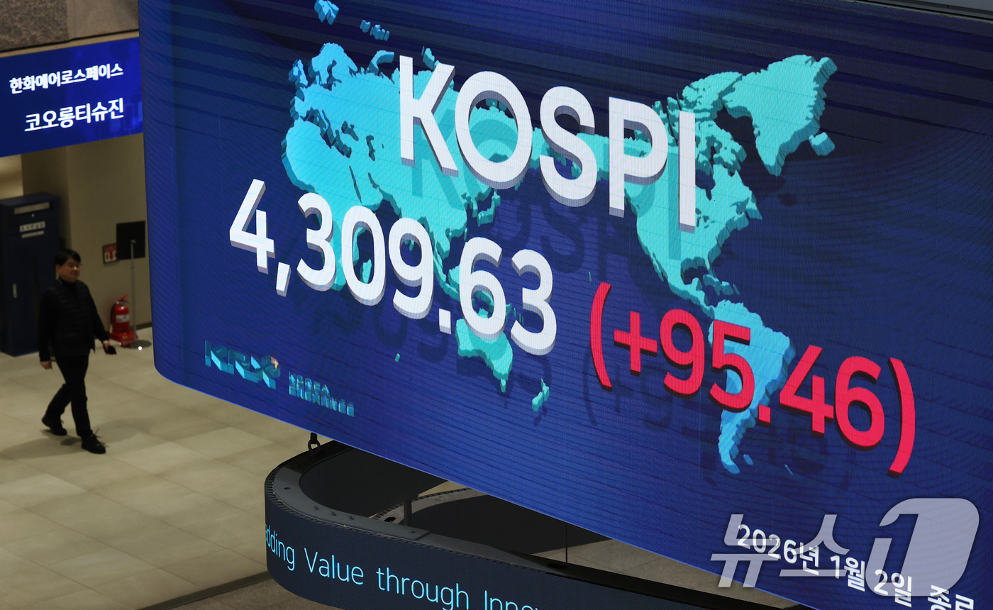 (서울=뉴스1) 오대일 기자 = 코스피가 새해 첫 거래일에 4300선을 돌파하며 사상 최고치를 경신한 2일 오후 서울 여의도 한국거래소 현황판에 코스피 종가가 표시되고 있다. 이날 …