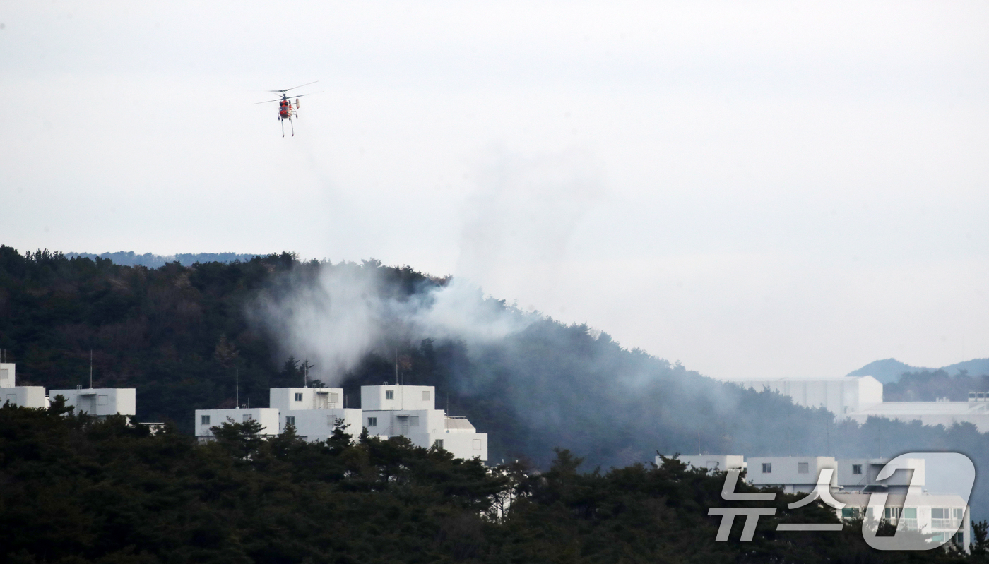 (울산=뉴스1) 윤일지 기자 = 20일 오전 울산 울주군 삼남읍 교동리 작천정계곡 인근에서 산불이 나 산불 진화 헬기가 진화 작업을 벌이고 있다.  2026.1.20/뉴스1