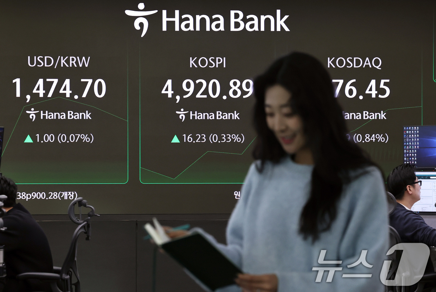 (서울=뉴스1) 구윤성 기자 = 20일 오전 서울 중구 하나은행 본점 딜링룸 전광판을 통해 나오는  코스피 지수가 하락 출발한 뒤 상승전환하고 있다. 2026.1.20/뉴스1