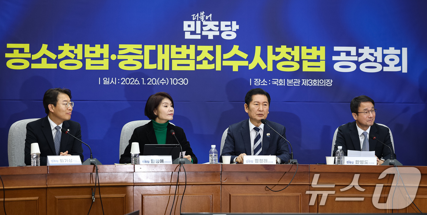 (서울=뉴스1) 유승관 기자 = 정청래 더불어민주당 대표가 20일 서울 여의도 국회에서 열린 공소청법·중대수사청법 공청회(정책의원총회)에서 모두 발언을 하고 있다. 2026.1.2 …