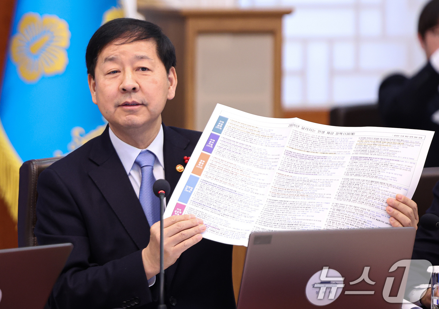 (서울=뉴스1) 허경 기자 = 구윤철 부총리 겸 재정경제부 장관이 20일 청와대에서 열린 국무회의에서 2026년 달라지는 민생 체감 정책 자료를 들고 설명하고 있다. 2026.1. …