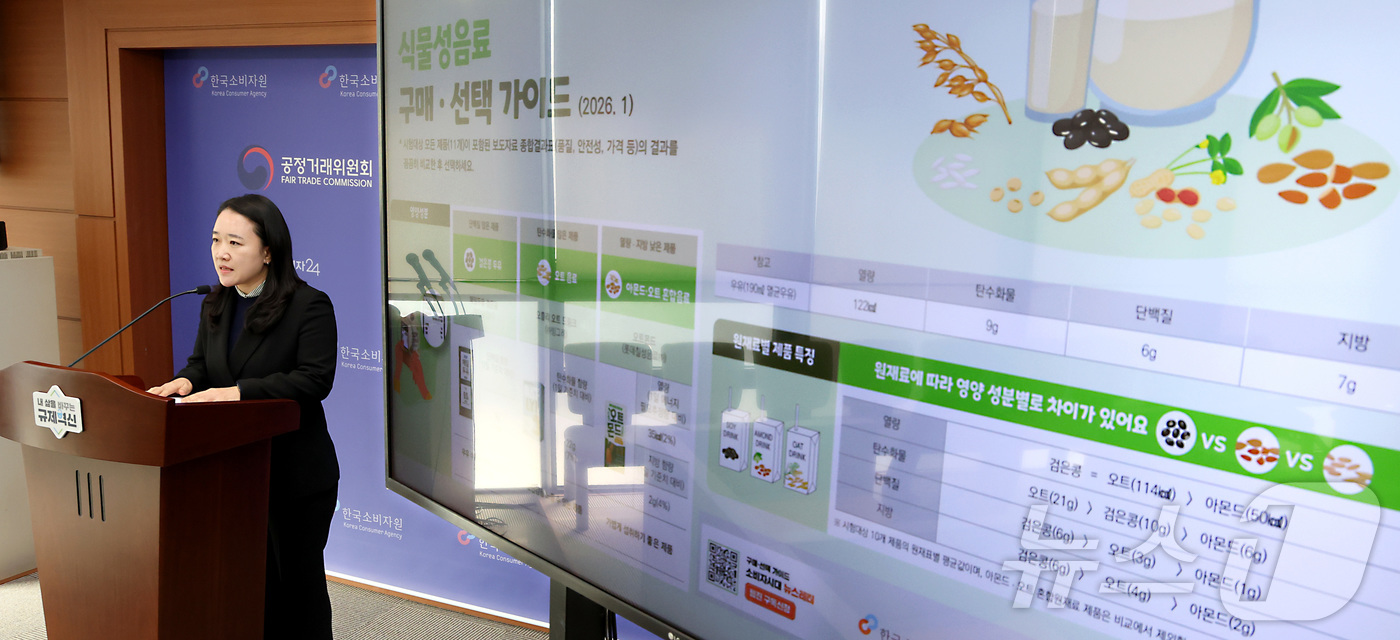 (세종=뉴스1) 김기남 기자 = 이정빈 소비자원 식품미생물팀장이 20일 세종시 정부세종청사 공정거래위원회에서 식물성 음료 11개 제품의 영양성분, 비타민, 무기질 등의 함량과 미생 …