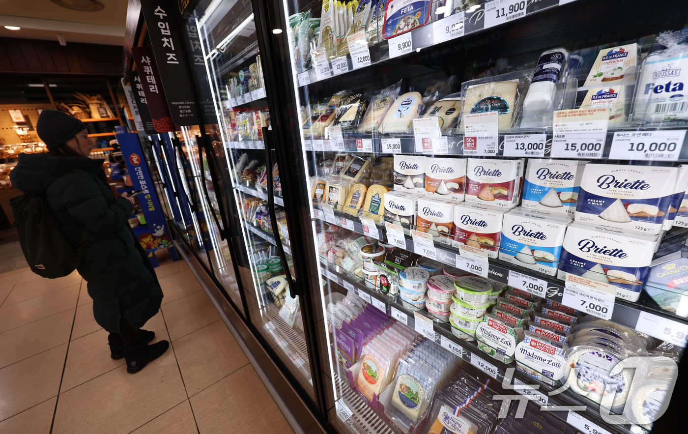 (서울=뉴스1) 구윤성 기자 = 20일 서울의 한 대형마트에서 한 시민이 수입 치즈를 살펴보고 있다.한국은행이 이날 발표한 수입물가지수에 따르면, 지난해 12월 기준 원화 기준 수 …