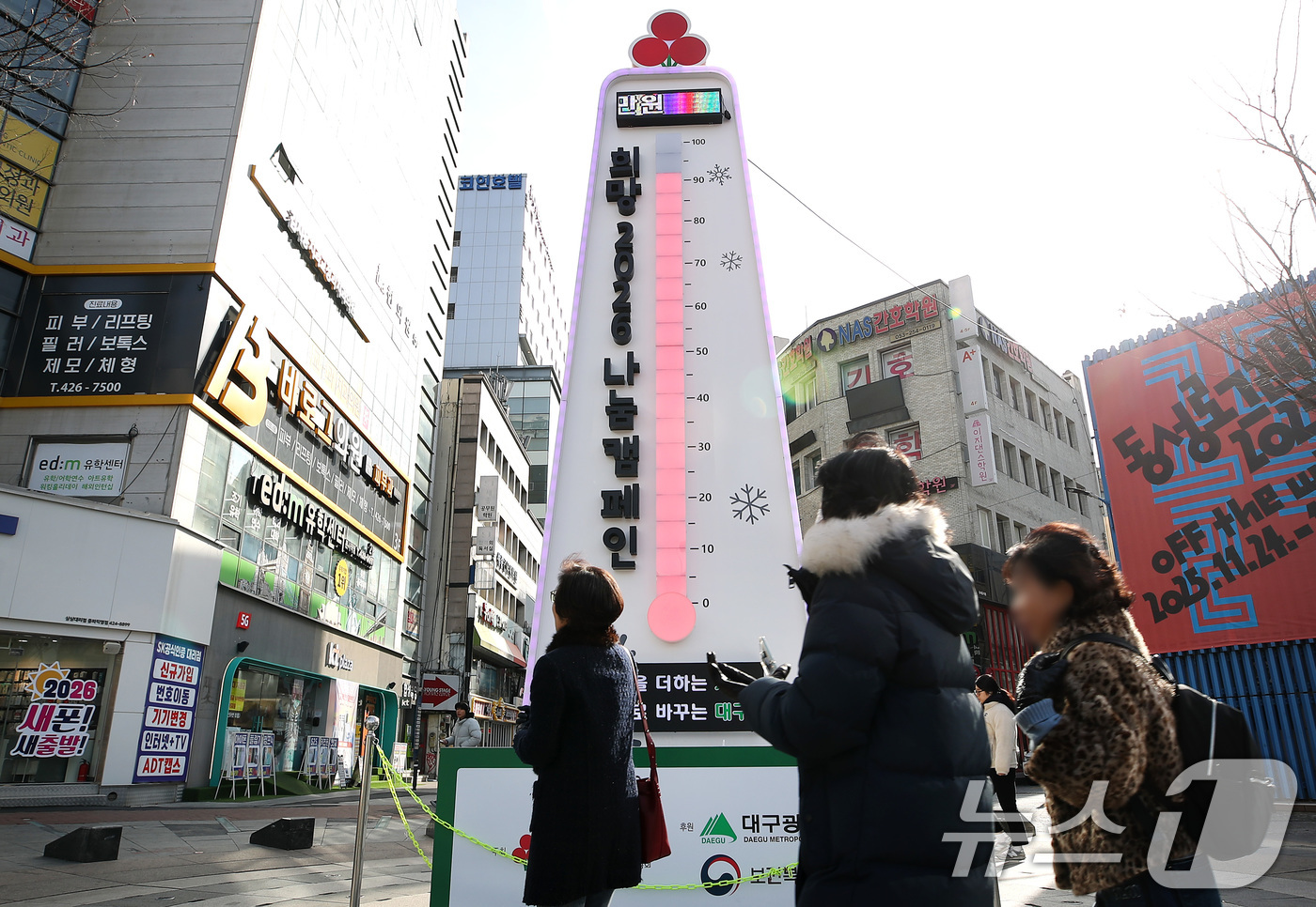 (대구=뉴스1) 공정식 기자 = 대한(大寒) 한파가 몰아친 20일 대구 중구 동성로에 설치된 대구사회복지공동모금회 '사랑의 온도탑' 수은주가 90도을 넘고 있다.이달 31일까지 진 …