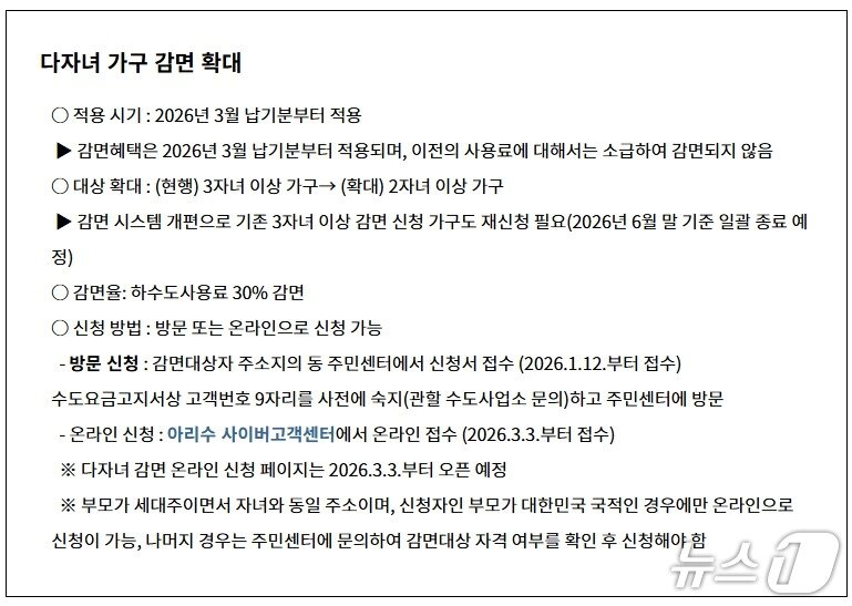 본문 이미지 - 다자녀 감면 혜택 내용(서울시 제공)