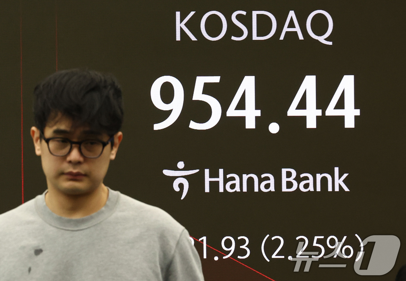 (서울=뉴스1) 최지환 기자 = 그린란드 사태 충격으로 미국 증시가 일제히 급락한 21일 오전 서울 중구 하나은행 본점 딜링룸 전광판에 코스닥 지수가 표시되어 있다. 2026.1. …