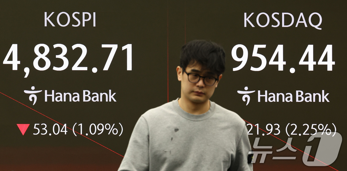 (서울=뉴스1) 최지환 기자 = 그린란드 사태 충격으로 미국 증시가 일제히 급락한 21일 오전 서울 중구 하나은행 본점 딜링룸 전광판에 코스피 지수가 표시되어 있다. 코스피 지수는 …