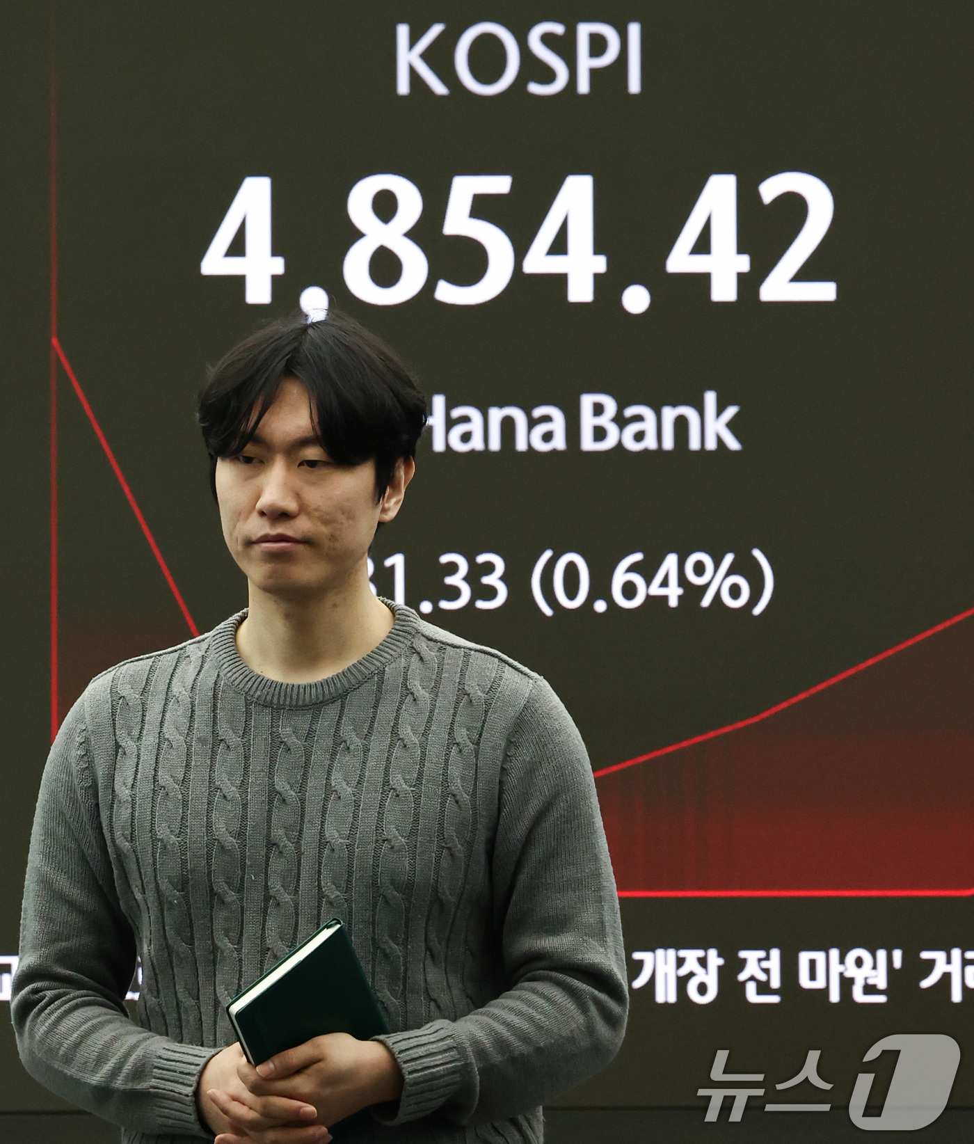 (서울=뉴스1) 최지환 기자 = 그린란드 사태 충격으로 미국 증시가 일제히 급락한 21일 오전 서울 중구 하나은행 본점 딜링룸 전광판에 코스피 지수가 표시되어 있다. 코스피 지수는 …