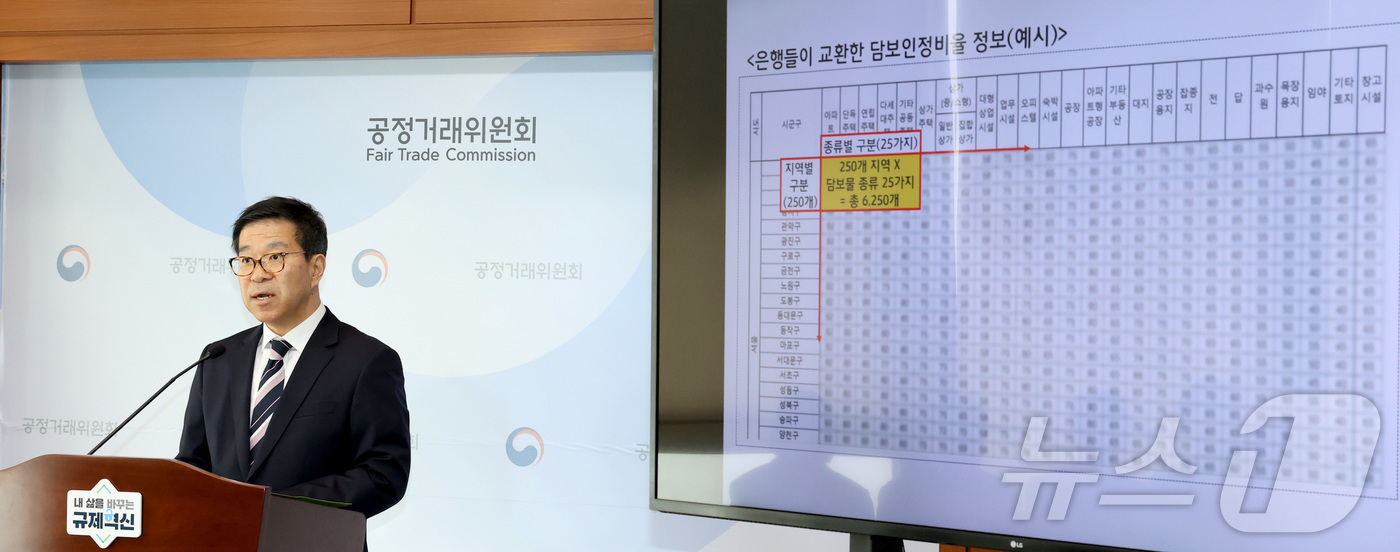(세종=뉴스1) 김기남 기자 = 문재호 공정거래위원회 카르텔조사국장이 21일 세종시 정부세종청사에서 4대 시중은행의 정보교환 담합 행위 제재 내용을 발표하고 있다.공정거래위원회는 …