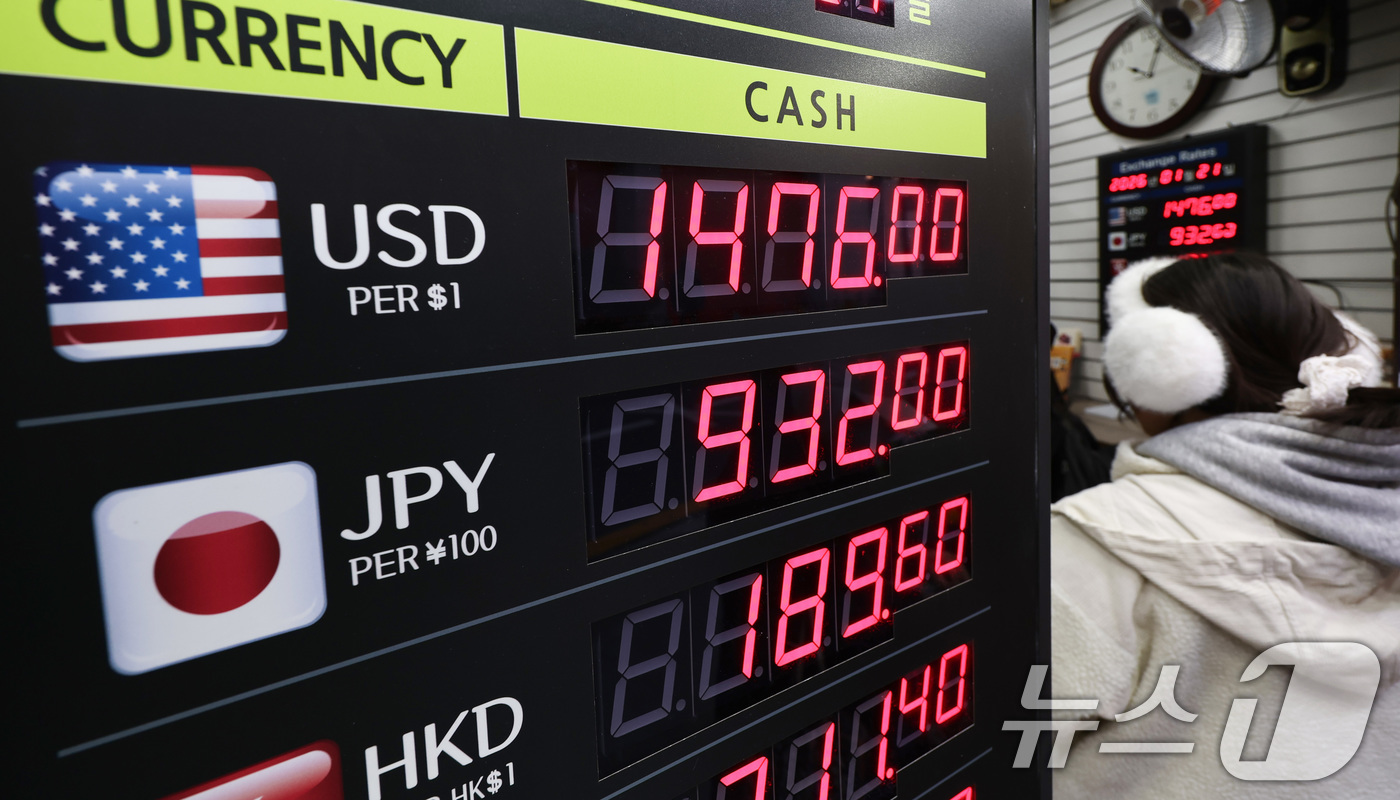 (서울=뉴스1) 최지환 기자 = 21일 서울 명동 환전소 전광판에 환율 시세가 게시되어 있다.이재명 대통령은 이날 신년 기자회견에서 연일 계속되는 고환율 기조에 대해 "책임 당국에 …