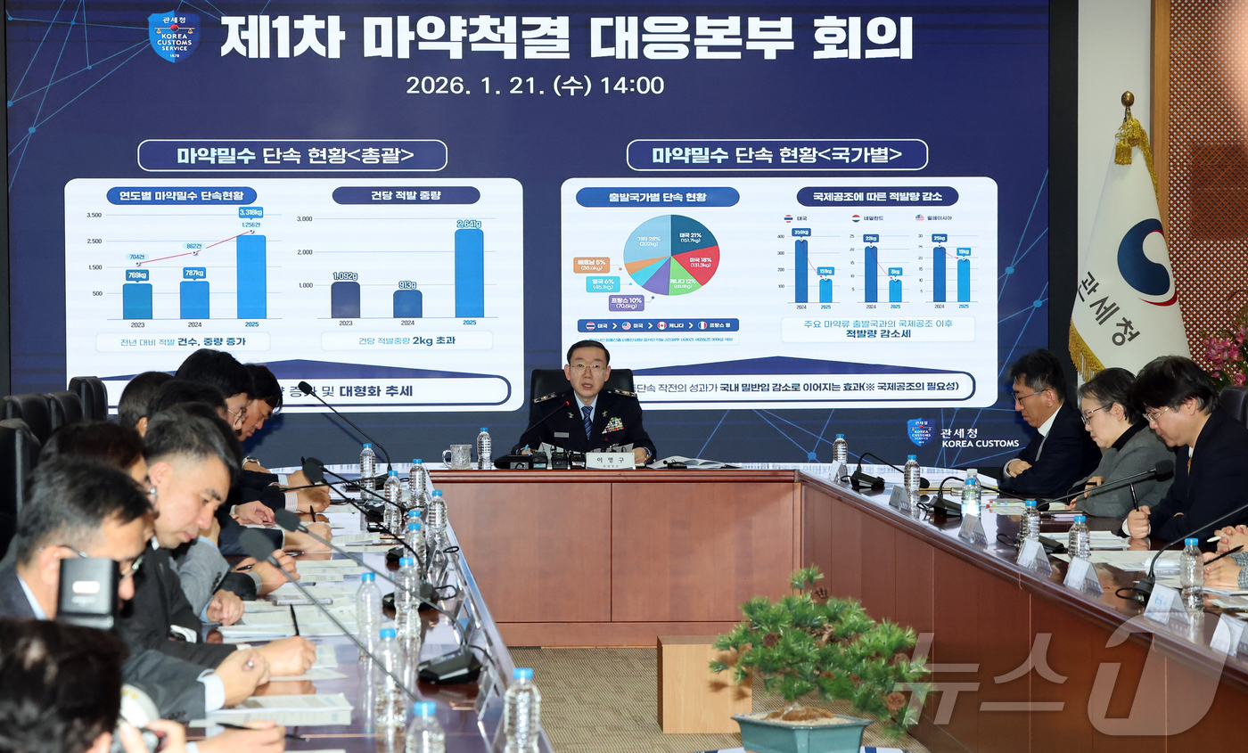 (서울=뉴스1) 김진환 기자 = 이명구 관세청장이 21일 오후 서울 강남구 논현동 서울세관에서 열린 '제1차 마약척결 대응본부 회의'에 참석해 발언하고 있다. 2026.1.21/뉴 …