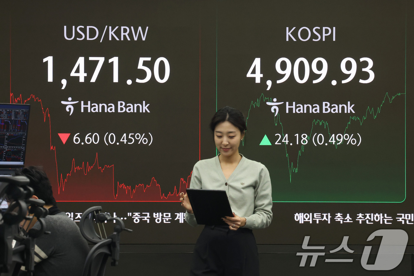 (서울=뉴스1) 이광호 기자 = 코스피가 장중 등락을 반복하다 4900대에서 장을 마감한 21일 오후 서울 중구 하나은행 본점 딜링룸 현황판에 코스피 지수가 전장 대비 24.18포 …