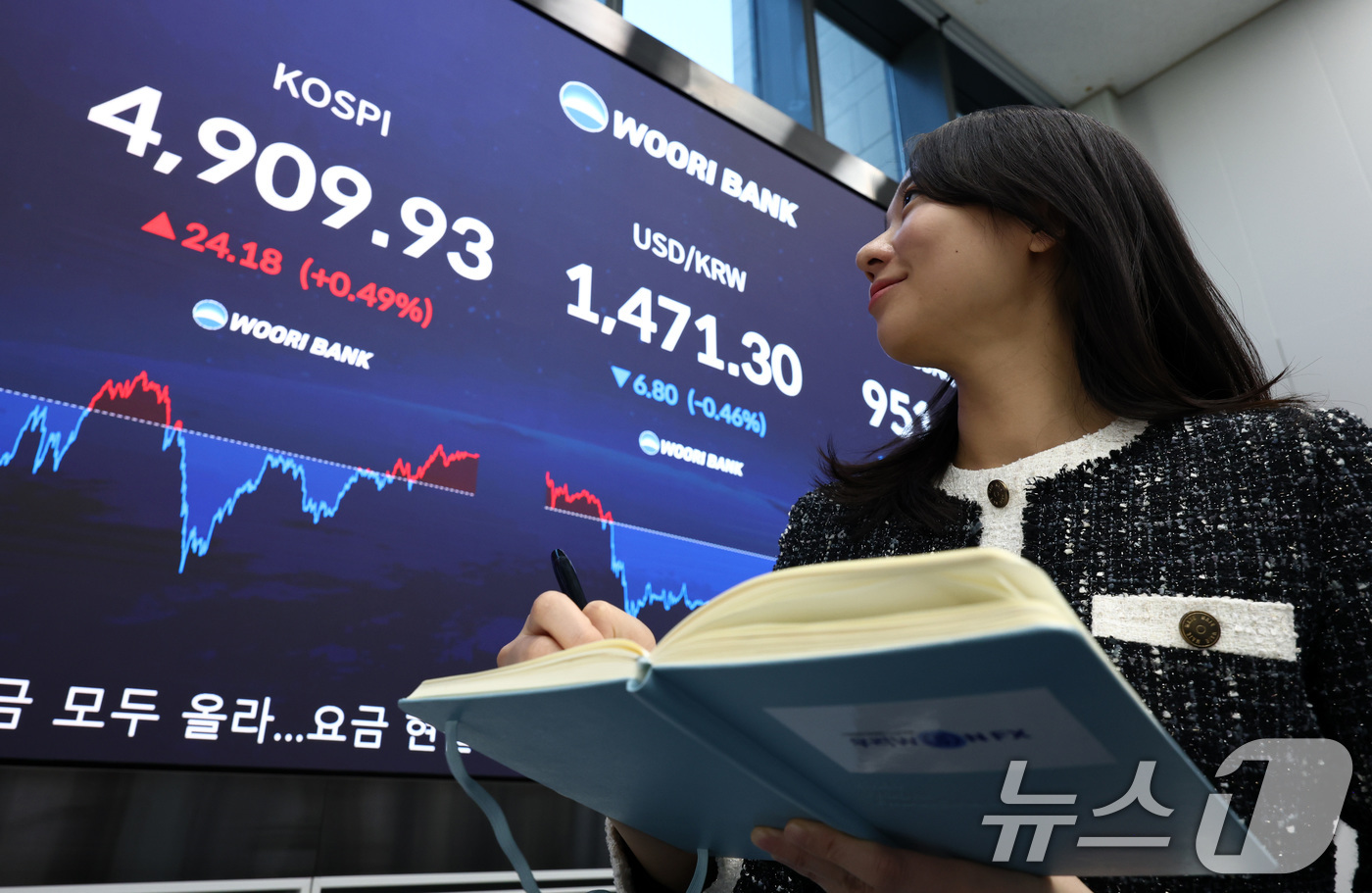 (서울=뉴스1) 최지환 기자 = 21일 오후 서울 중구 우리은행 본점 딜링룸 전광판에 코스피 지수가 표시되어 있다. 이날 코스피는 전 거래일 대비 24.18p(0.49%) 상승한 …