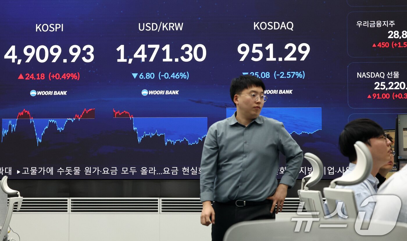 본문 이미지 - 21일 오후 서울 중구 우리은행 본점 딜링룸 전광판에 코스피 지수가 표시돼 있다. 2026.1.21/뉴스1 ⓒ News1 최지환 기자