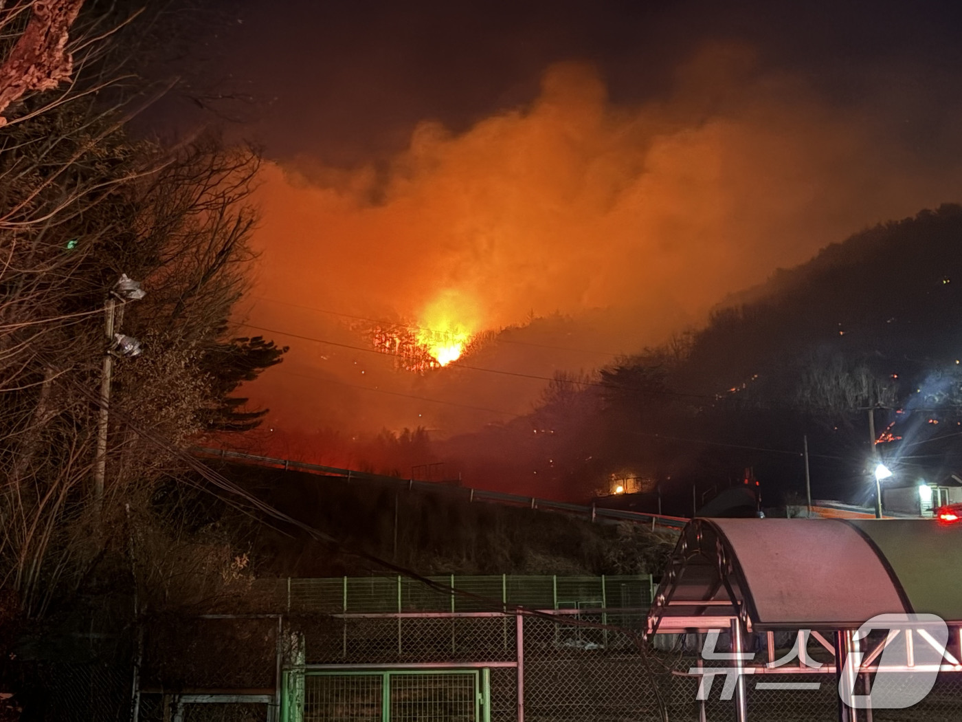 (광양=뉴스1) 김성준 기자 = 21일 오후 전남 광양 옥곡면 백운산 자락서 난 산불이 야간까지 이어지면서 소방당국이 대응 2단계를 발령하고 진화에 총력을 다하고 있다. 2026. …