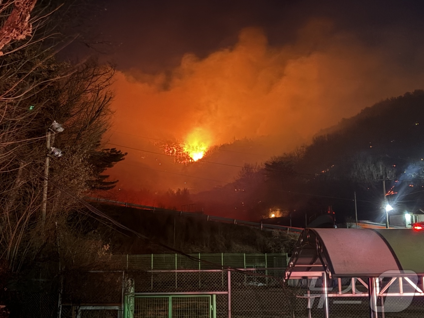 (광양=뉴스1) 김성준 기자 = 21일 오후 전남 광양 옥곡면 백운산 자락서 불이 나 소방당국이 대응 2단계를 발령하고 화재를 진화하고 있다. 2026.1.21/뉴스1
